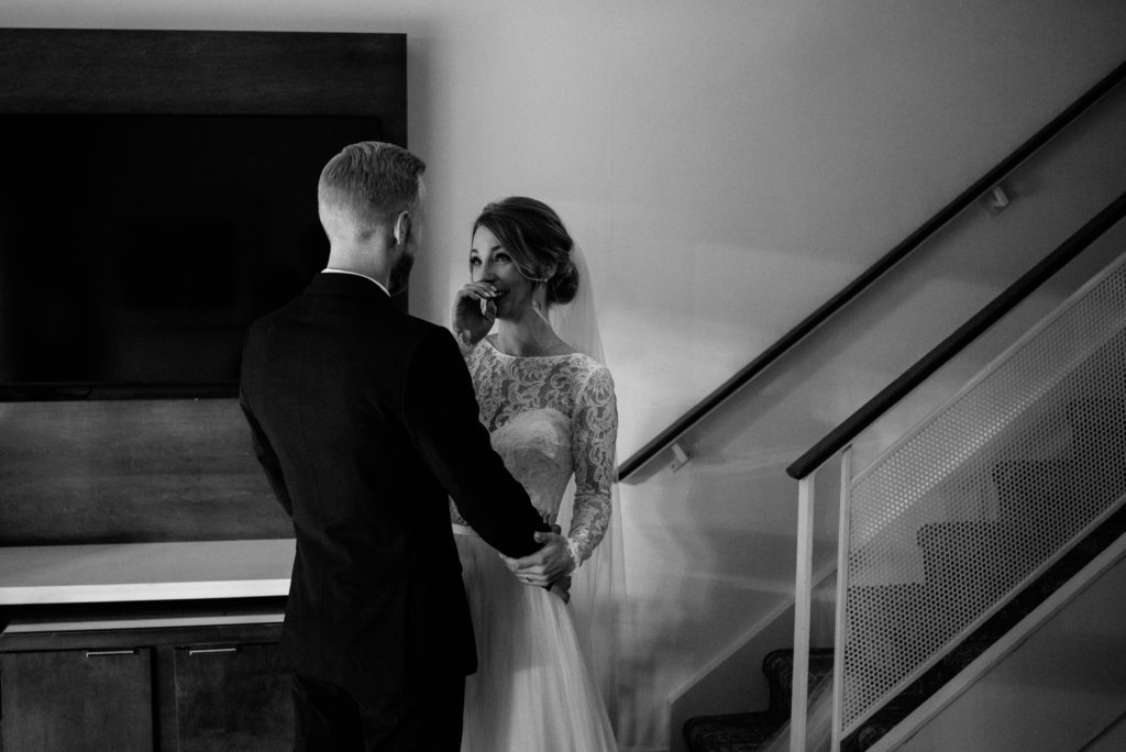 first look between the bride and groom at their Toronto wedding