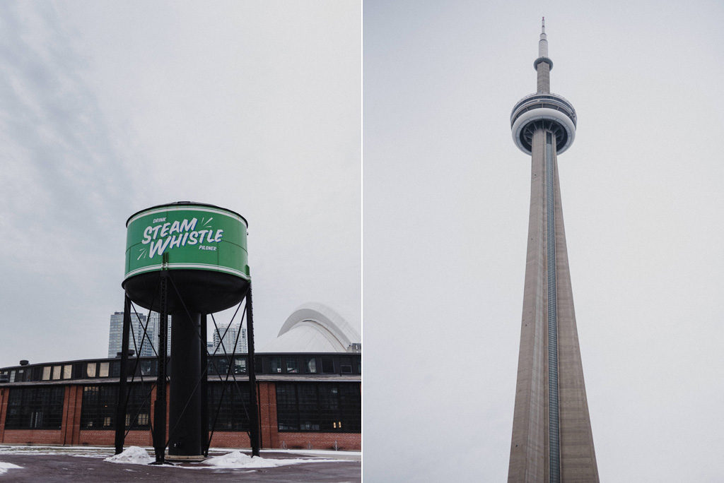 split image of steam whistle brewery in Toronto and the CN tower