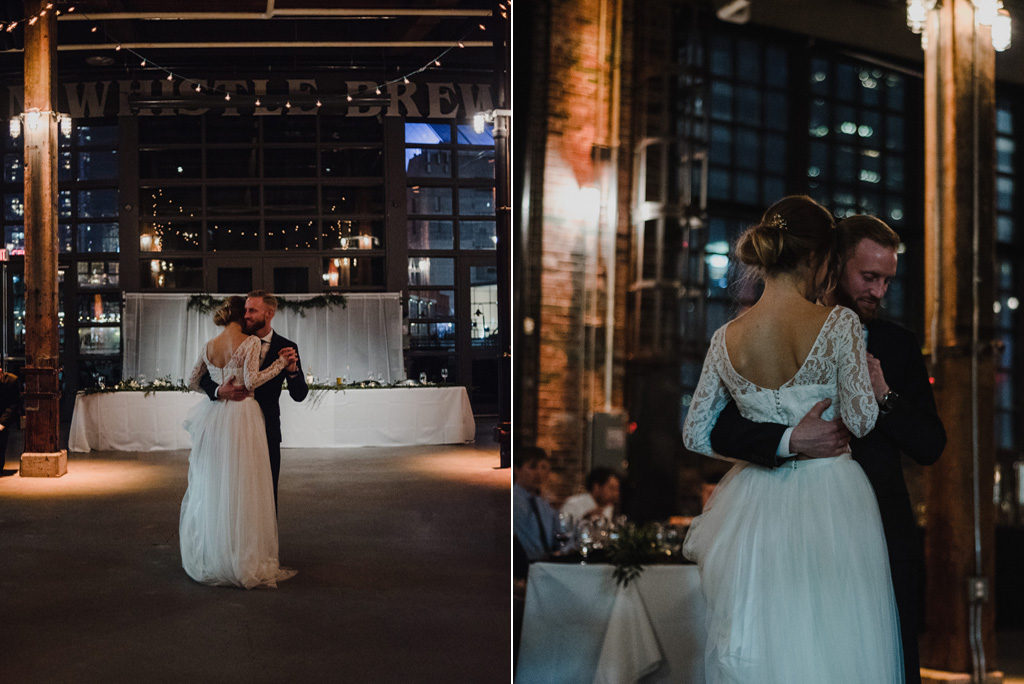 bride and grooms first wedding dance at steam whistle brewery in toronto, ontario 